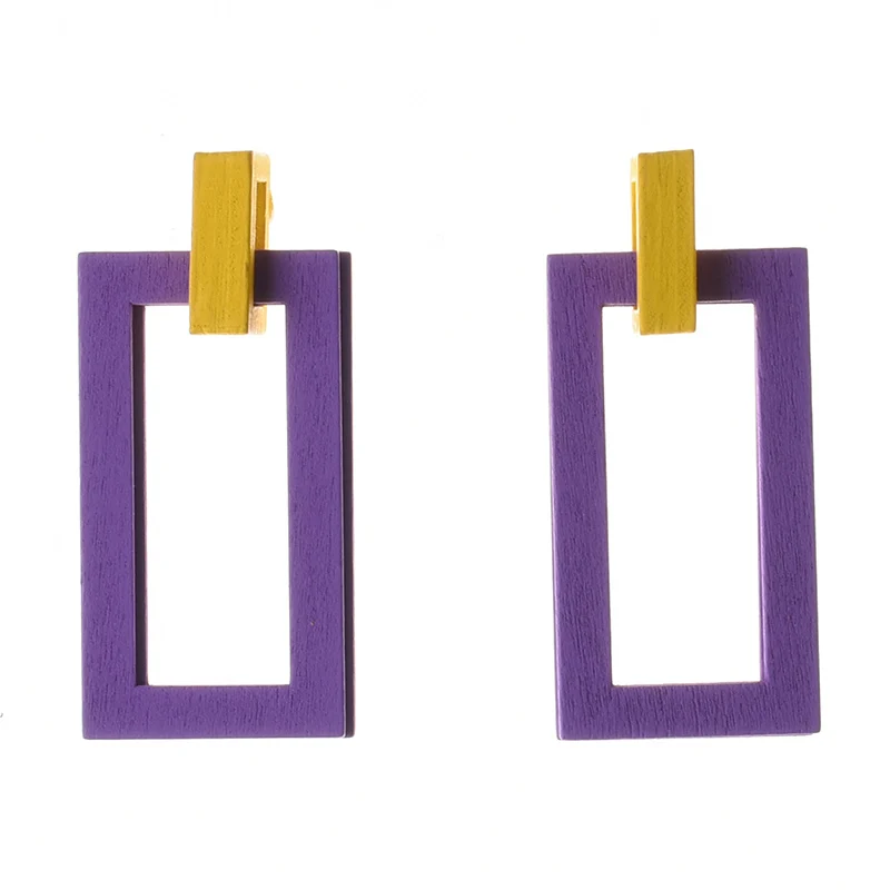 Purple Yellow Geometric Wood Drop Earrings Women Fashion Jewelry Femme Square Round Big Long Boho Wooden Earrings Woman Earrings