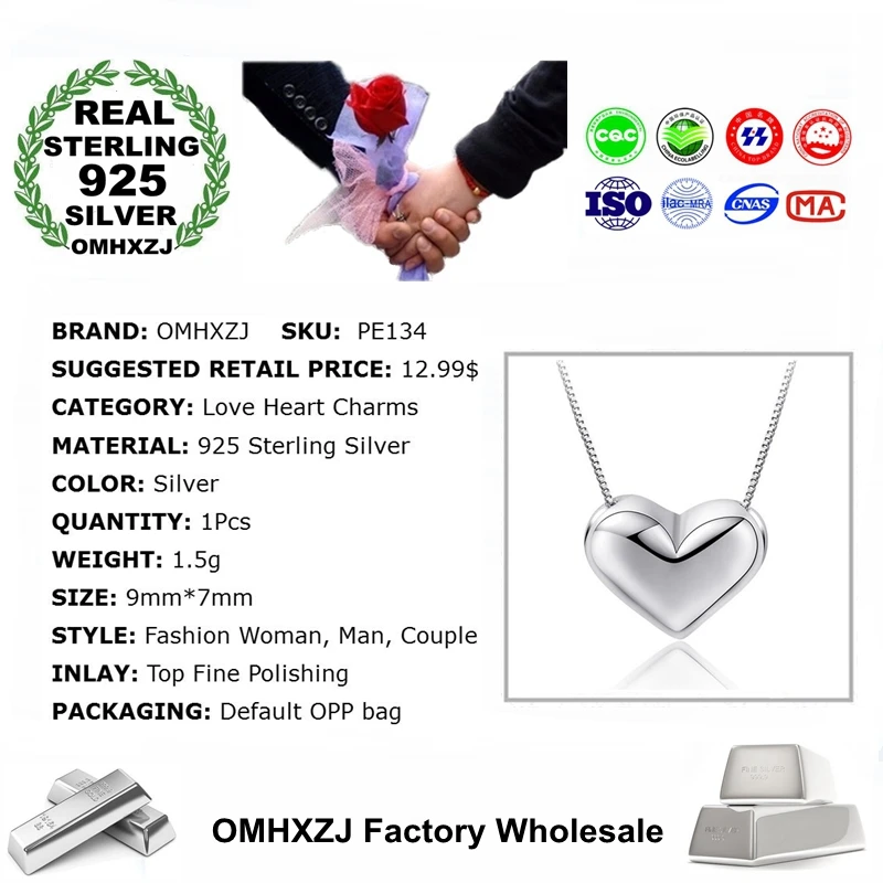 OMHXZJ Wholesale Fashion Smiple Love Heart Woman Man Couple Gift 925 Sterling Silver Pendant Charms PE134 ( NO Chain Necklace )