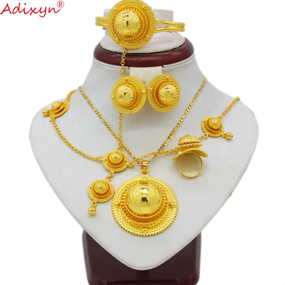 Adixyn Ethiopian Jewelry sets Pendant/Necklace/Earrings/Ring/Bangles/Hairchain for Women Gold Color African Bride Gifts N06153