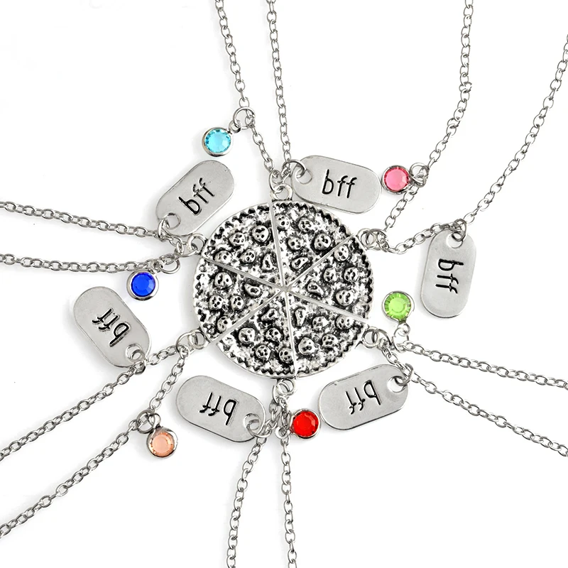 6pcs / set Pizza BFF Color Rhineston Necklace Best Friend Forever Friendship Commemorative Necklace