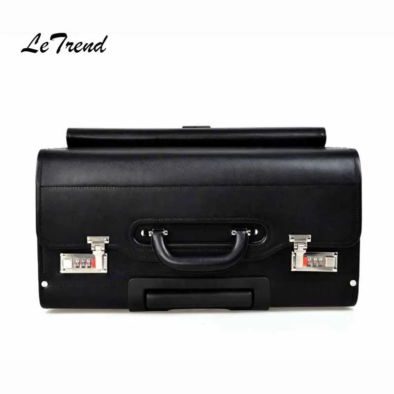 Letrend Cow Genuine Leather Rolling Luggage Pilots/captains dedicated flight Trolley Cabin Suitcases Wheels Laptop Travel Bag