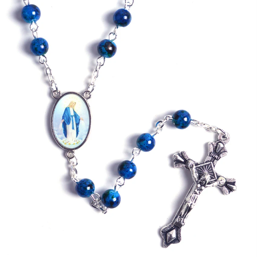 Catholic Rosary Small Size Round Blue Glass Beads Virgin Mary Jesus Necklace Women