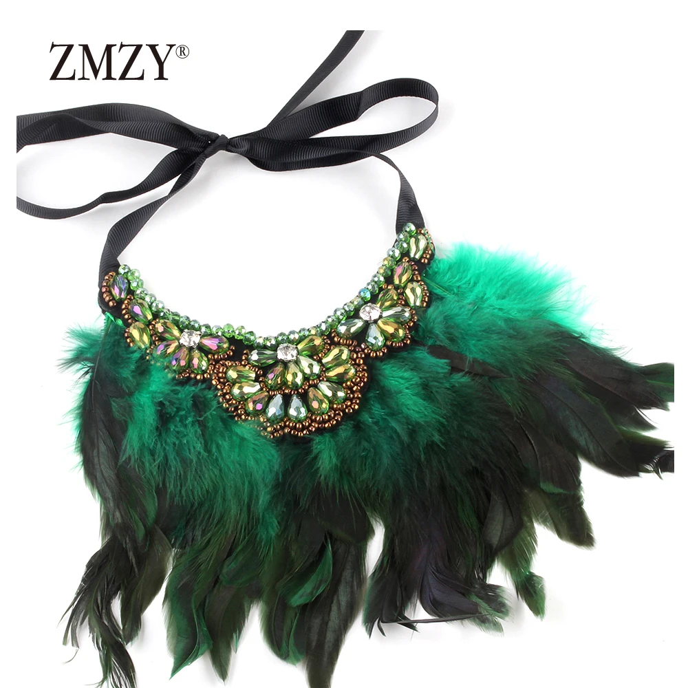 ZMZY Feather Hand-made Red Choker Necklace Women Hot Collar Neck Maxi Collier Trendy Glass Statement Jewelry