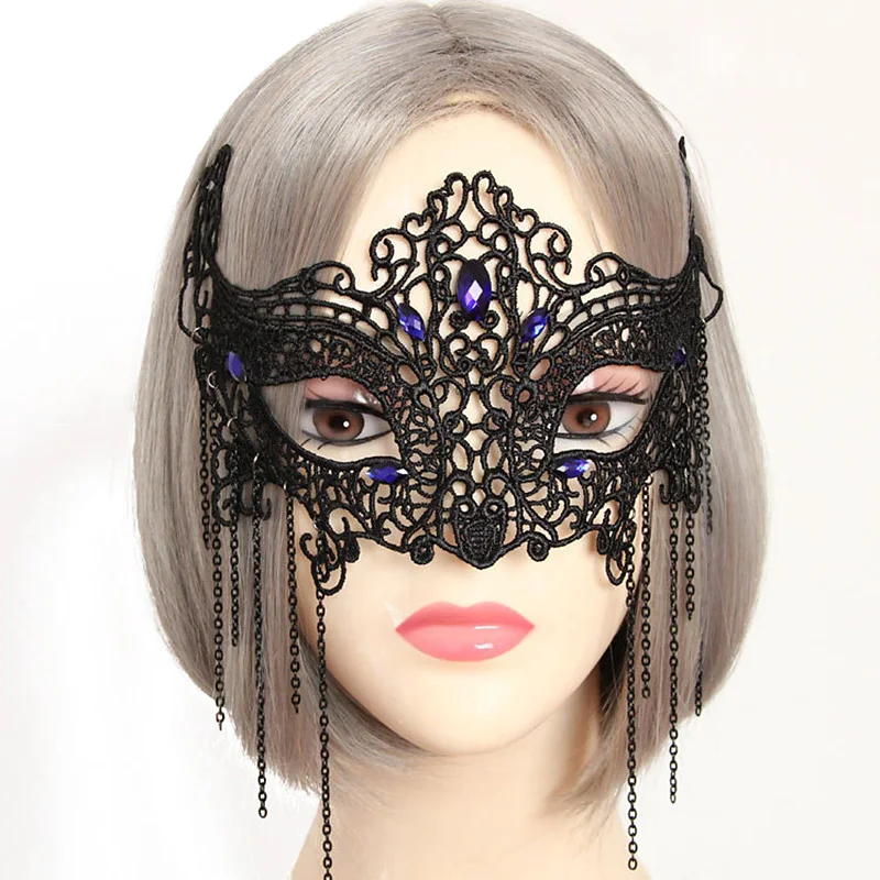 Women Black Lace Fox Cat Masquerade Face Eye Mask Stone Chain Tassel Hair Bobby Pins Fancy Dress Costume Ball Party Accessories