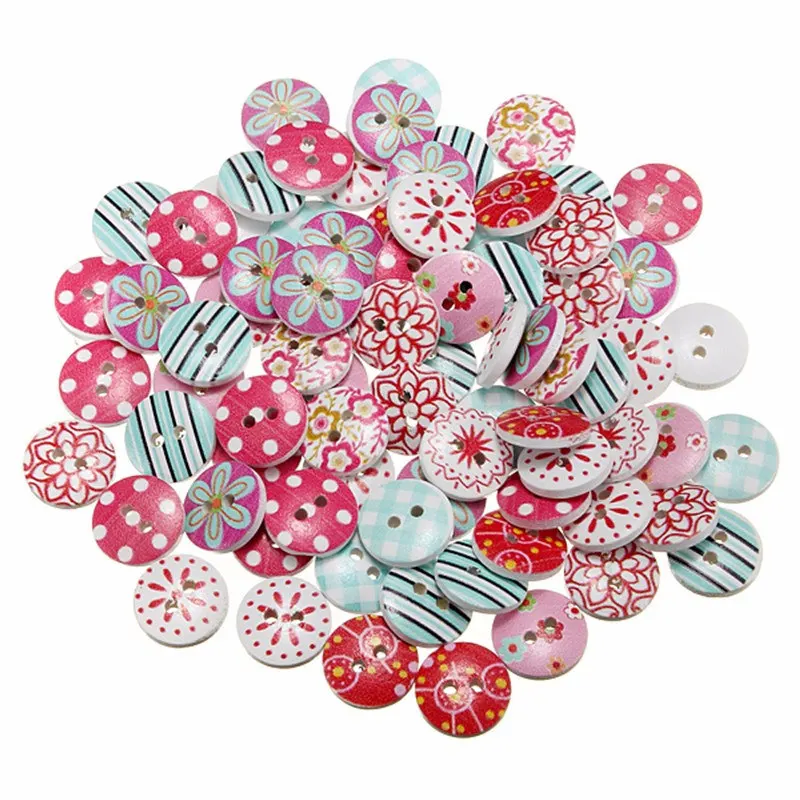 50 PCS 15mm Mixed Round Retro Floral Printing Pattern 2 Holes Wood Decorative Button For DIY crafts Wedding Decor Accessories