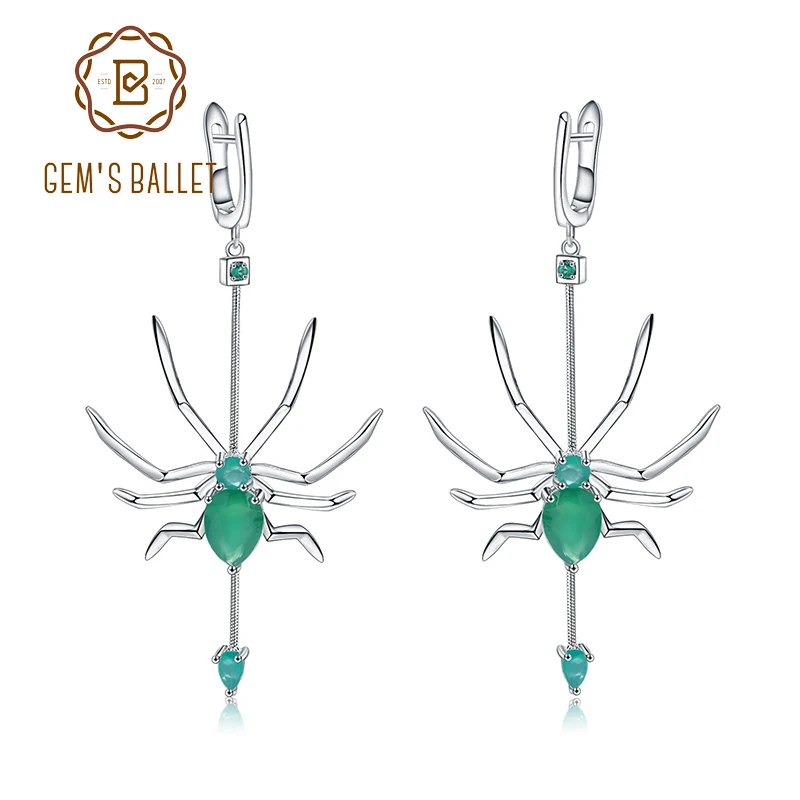 GEM'S BALLET Natural Green Agate Gemstone Earrings 925 Sterling Silver Statement Spider Drop Earrings For Women Fine Jewelry