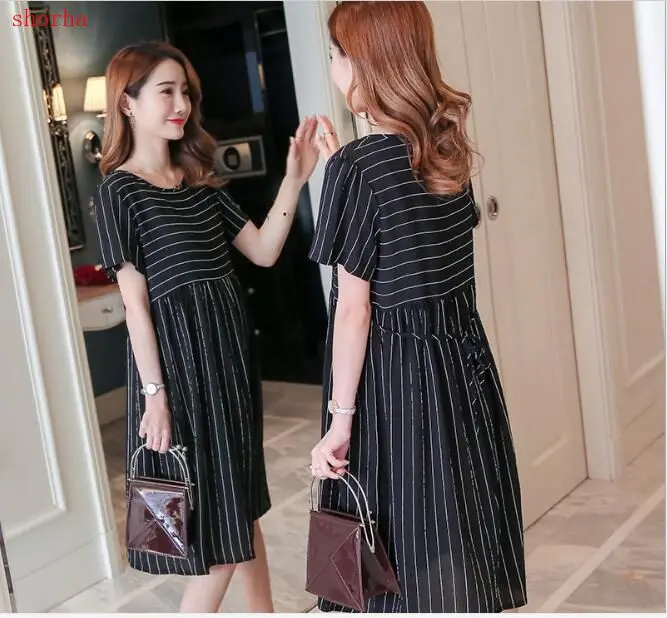 

Maternity wear summer new chiffon maternity dress Fashion stripe long paragraph loose large size maternity dress