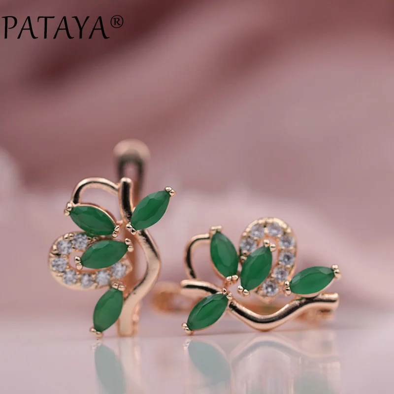 PATAYA New 585 Rose Gold Color Drop Earrings Symmetry Petal Natural Zircon Earrings Women Exquisite Jewelry Wedding Earrings