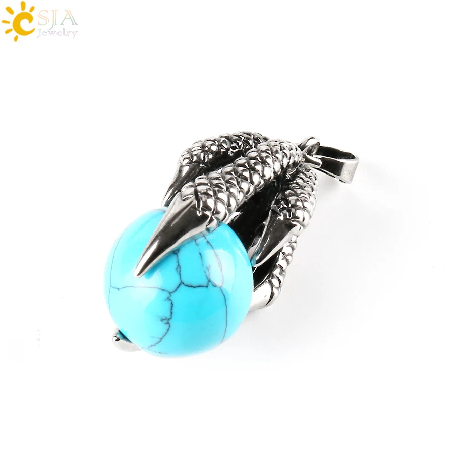 CSJA Natural Round Gem Stone Beads Dragon Claw Wrap Pendants for Necklace Reiki Ball Gothic Men Retro Crystal Women Jewelry E453