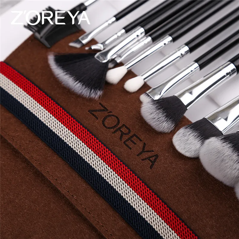 ZOREYA Brand 12pcs Black High Quality Makeup Brush Set Foundation Powder Blending Shadow Bend  Eye Liner Base Cosmetic Brushes