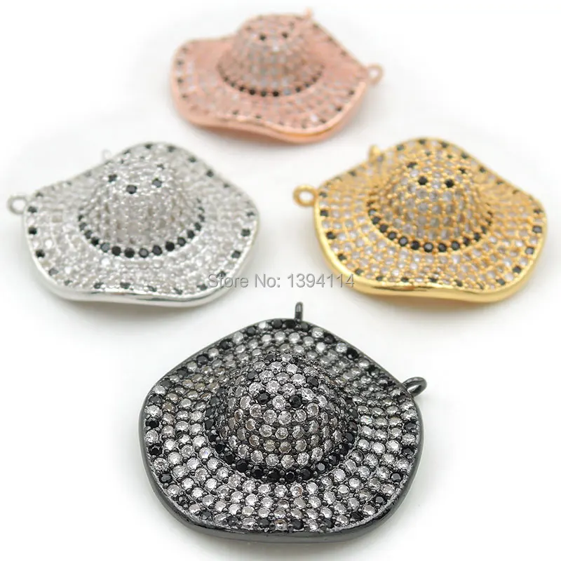 25*25*10mm Micro Pave Black&Clear CZ Wavy Brim Hat Charm Of Double Circles Fit For Women As Necklaces Accessory