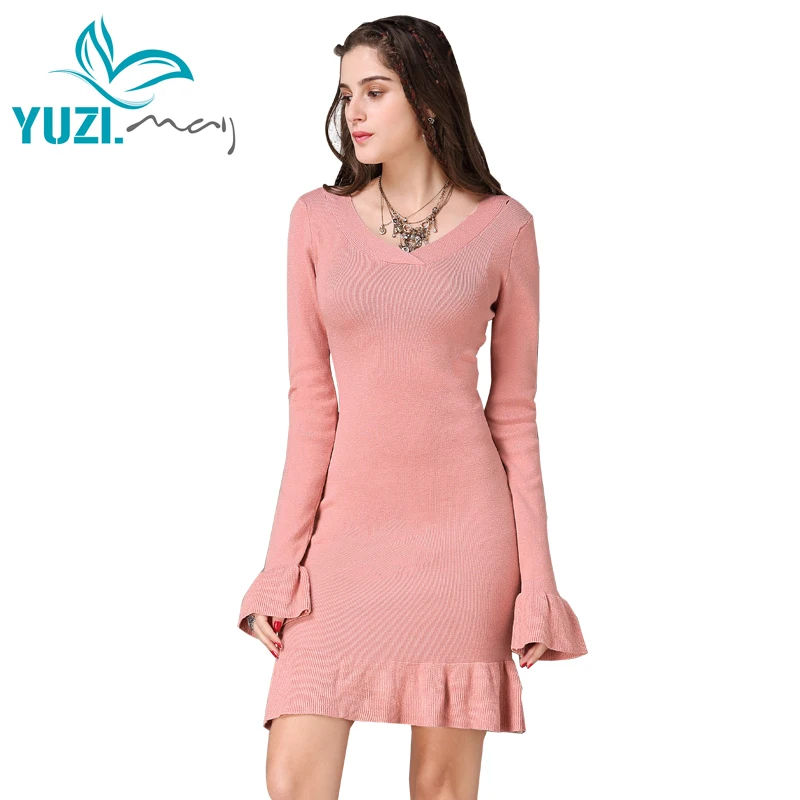 

Dress For Women 2017 Yuzi.may Boho New Cotton Wool Vestidos Butterfly Sleeve V-Neck Ruffles Hem Knitting Dresses A82059