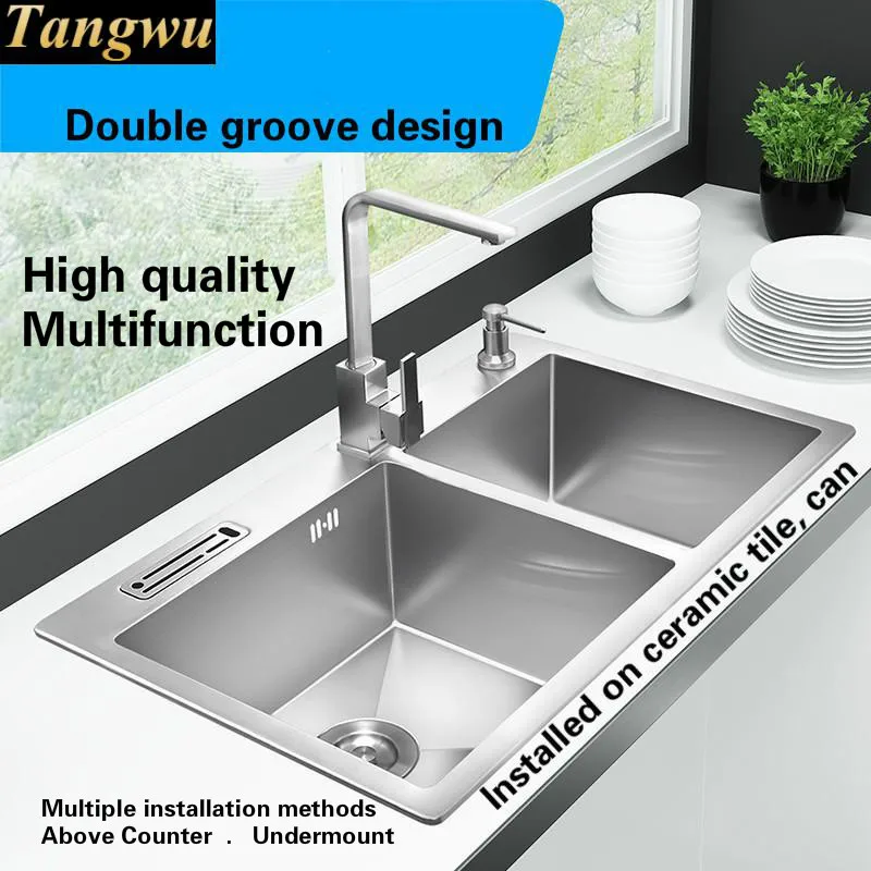 Tangwu High-grade large kitchen sink handmade 304 food-grade thickening stainless steel double groove 82x48x22.8 CM