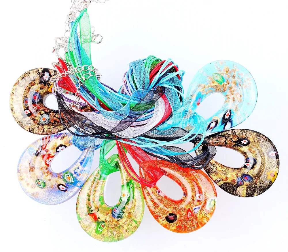 Fashion Beauty Wholesale 6pcs Handmade Murano Lampwork Glass Mixed Colorful Drop Millefiori Pendants Charms Necklaces