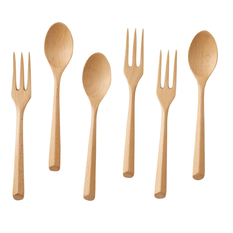 6pcs Creative Natural Wooden Dinnerspoon Fork Tableware Set Serving Fruit Salad Fork Teaspoon Korean Style Cutlery Utensils