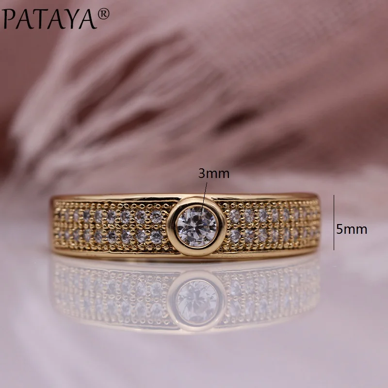 PATAYA New Micro-wax Inlay Luxury Women Rings 585 Rose Gold Color Wedding Fine Fashion Jewelry White Round Natural Zircon Ring