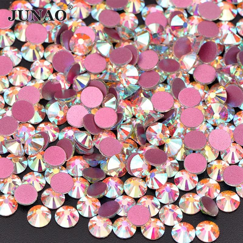 JUNAO SS6 10 12 16 20 30 High Quality Red Base Glitter Clear AB Glass Rhinestone Flatback Crystal Stone Nail Art Decoration