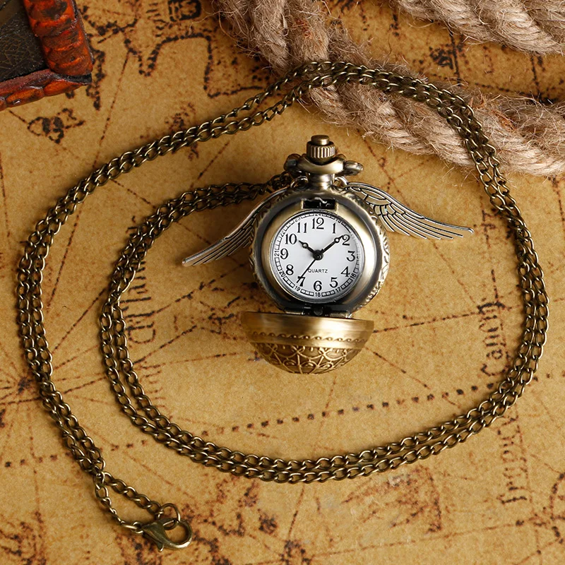 Xmas Gift Pocket Watch Steampunk Bronze Ball Shape Full Hunter Bronze Copper Wing Modern Web Pattern Womens Kids Necklace Chain