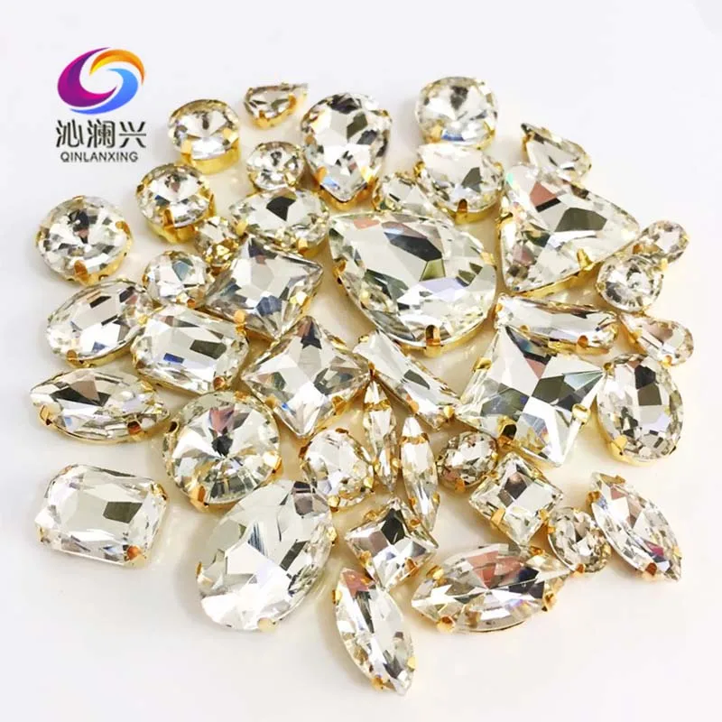 White Crystal Glass Rhinestones, Shiny Gold Bottom Sew on Stones for Needlework, Diy/Clothing/Sewing Accessories, 58Pcs