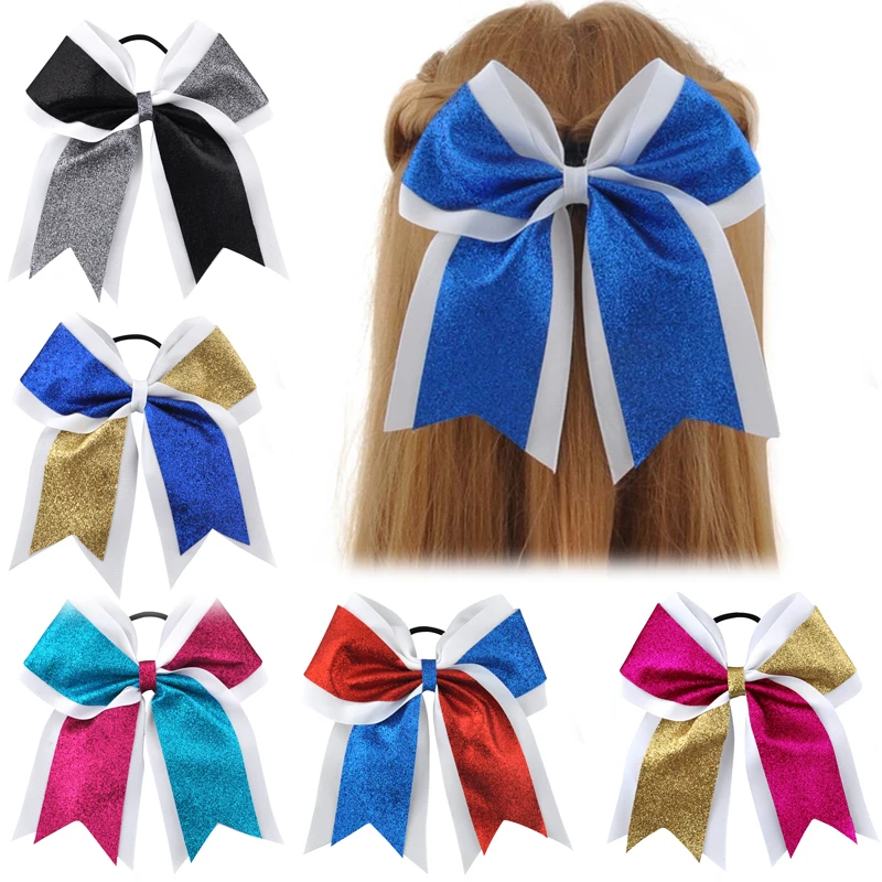 7 Inch Glitter Powder Girls Hair Bows Grosgrain Ribbon Bows Ties Elastic Hair Band Ponytail Hair Holder Accessories For Kids