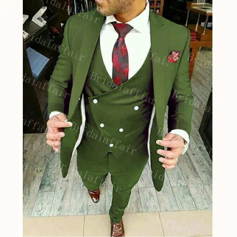 

Bridalaffair Olive green Slim Fit Groom Tuxedos Best man Suit Peak Lapel Groomsman Men Wedding Suits Bridegroom Jacket+Vest+Pant