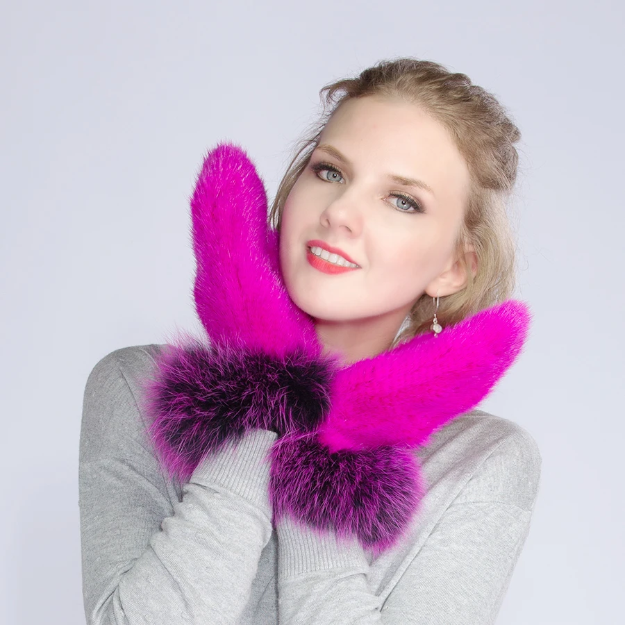 Women high-end luxury mink gloves, wrist band with high-grade fox fur, mink encryption system, warm and comfortable winter