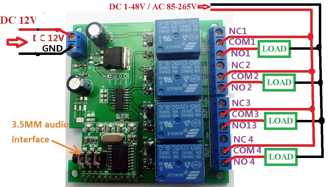 12V 4 channel Audio decoding relay DTMF intelligent home switch Audio Sound Relay
