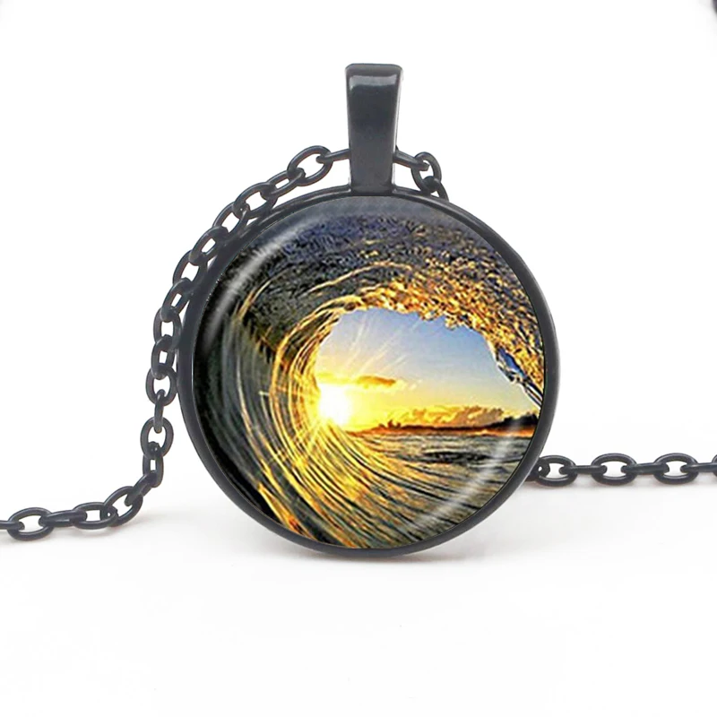 Romantic Wave Orange Sky Sunset Pattern Pendant Ocean Surf Photo Glass Dome Pendant Sweater Chain Man Woman Valentine\'s Day Gift