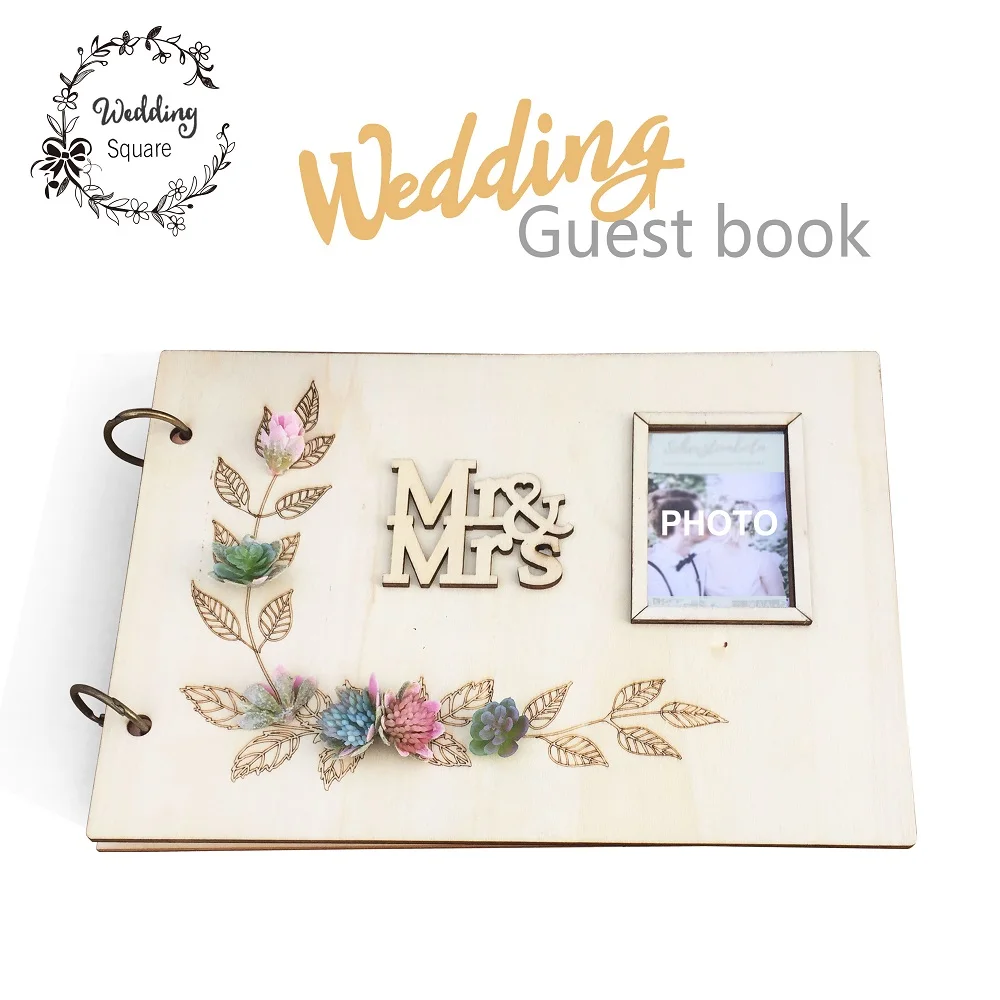 

Wedding GuestBook Wedding Succulent Cactus Wrcath Personalised Guest Book Wood book