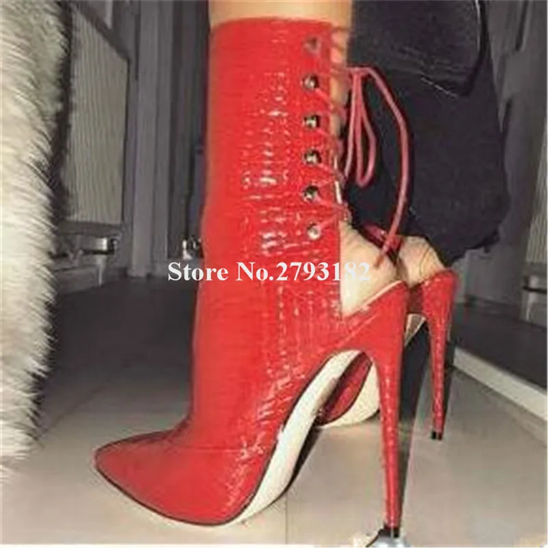 2019 New Fashion Women Pointed Toe Pattern Leather Stiletto Heel Short Gladiator Boots Back Lace-up Snake Leather Short Boots