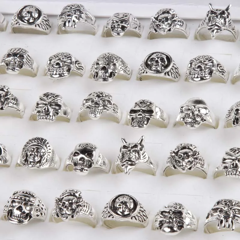 

wholesale mixed lot Silver color 25pcs/pack punk skull metal alloy skeleton jewelry rings