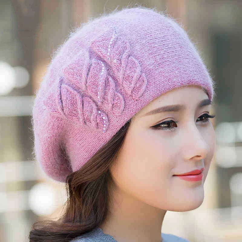 Beret Women Winter Hat Knit Beanie Angora Warm Rhinestone Double Layer Casual Soft Classic Thermal Snow Outdoor Accessory