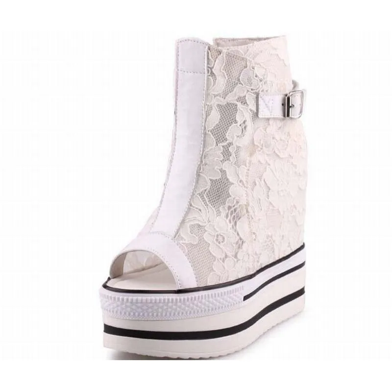 women new fashion sweet Lace flowers cool boots sexy open toe high quality platform buckle hidden wedges heels summer zip shoes