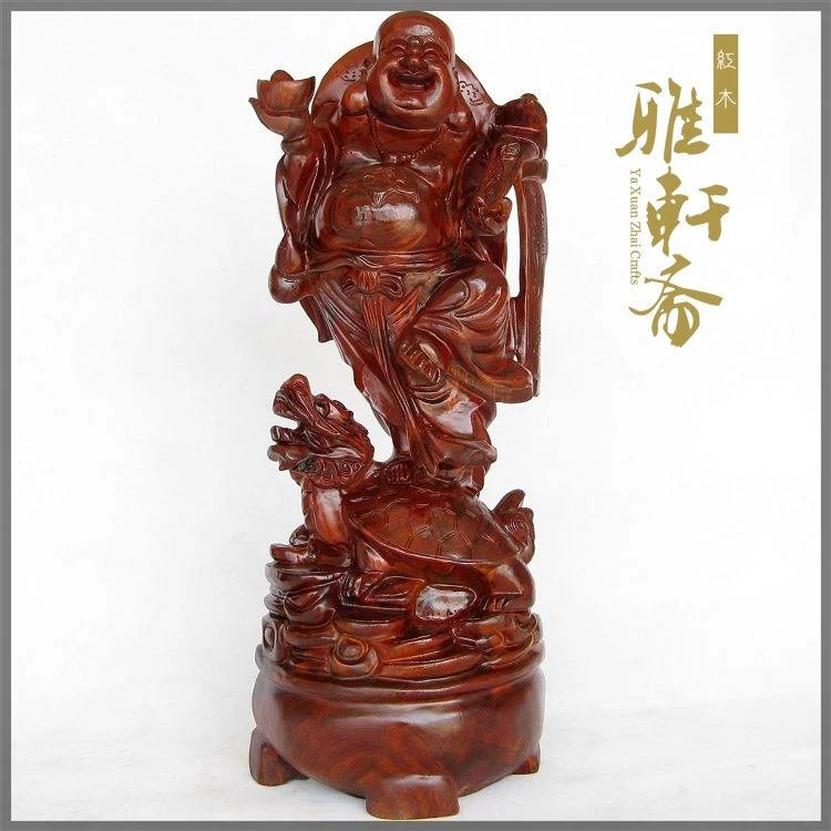 W Gallery] red sandalwood Buddha Maitreya Zhai rosewood carving handicraft ornaments dragon turtle Zhaocai long business gifts