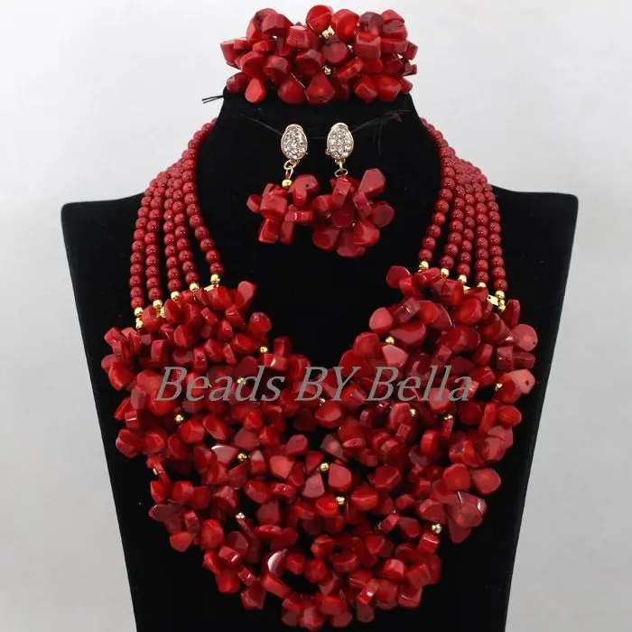 Chunky Full Nigerian Wedding Beads Jewelry Set 5 Layers Red African Beads Jewelry Coral Beads Necklace Sets Free Shipping ABK608