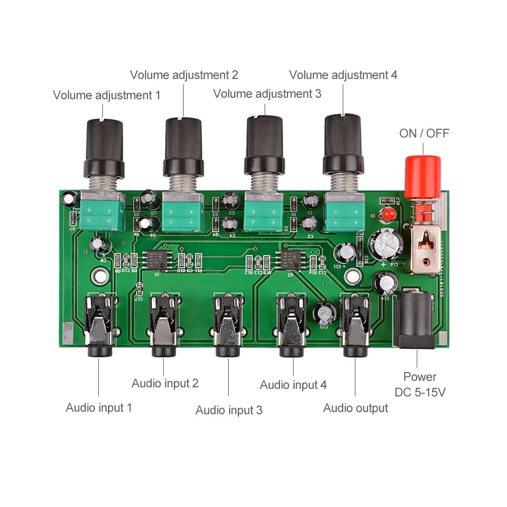AIYIMA 4วิธีสเตอริโอ Mixer Board Audio Source Reverberative Driver หูฟังผสม DIY สี่อินพุตเอาท์พุท