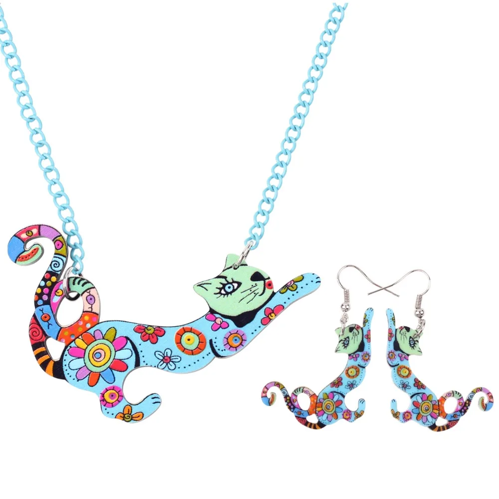 Bonsny Brand Jewelry Sets Acrylic Animal Cat Necklace Earrings Choker Collar Fashion Jewelry New Spring Women Girl Gift