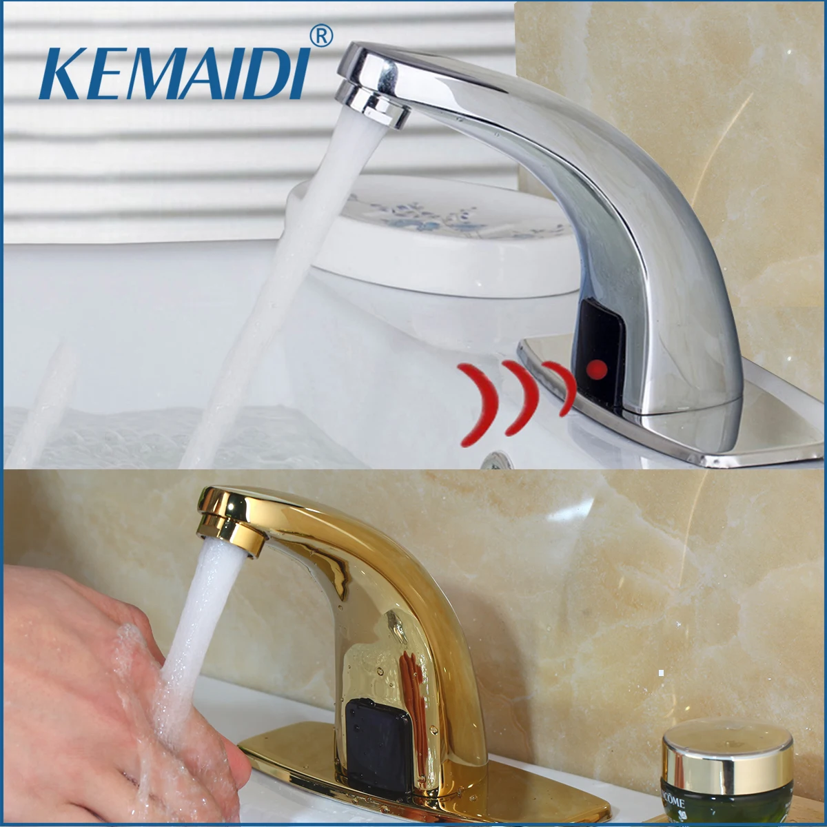 

KEMAIDI Gold/Chrome Finished Deck Mounted Stainless Steel Automatic Sensor Faucet Bathroom Wash Basin Touchless infrared Faucet