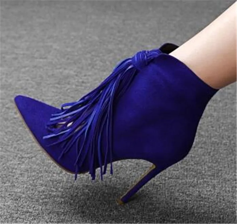 

Women New Design Pointed Toe Suede Leather Long Tassels Thin Heel Short Boots Cut-out Black Blue Knotted High Heel Ankle Boots