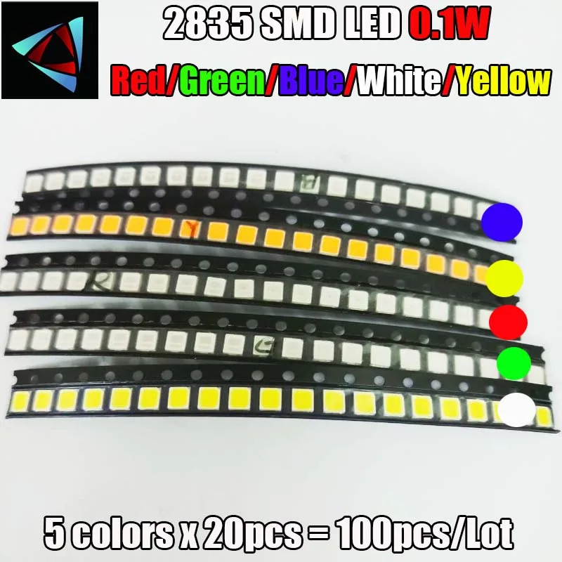 100pcs 2835 0.1W SMD LED 5 colors x 20pcs Diodes SMD LED 2835 Light Emitting Diode RED / Yellow / Green / White / Blue