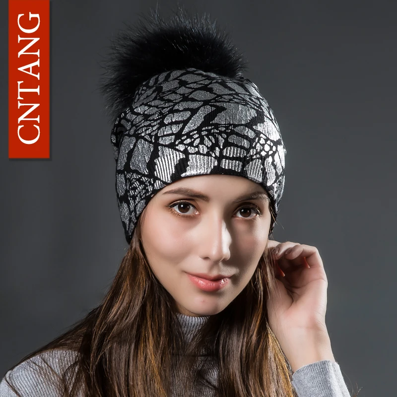 CNTANG Knitted Warm Double Layer Silver Print Wool Hats Women Autumn Winter Caps With Natural Fur Pompoms Beanies Fashion Hat