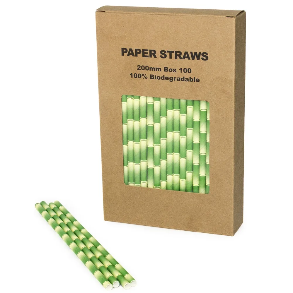 100 Pcs/Box Green Bamboo Paper Straws Bulk,Baby Shower Wedding Panda Jungle Safari Luau Party Drinking Coffee Mason Jar Straws