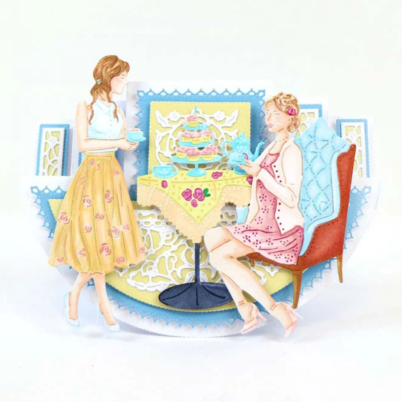 

Lady Eating Afternoon Tea Metal Cutting Die Embossing Stencil Scrapbooking Template Paper Card Album Making Handmade Decoration