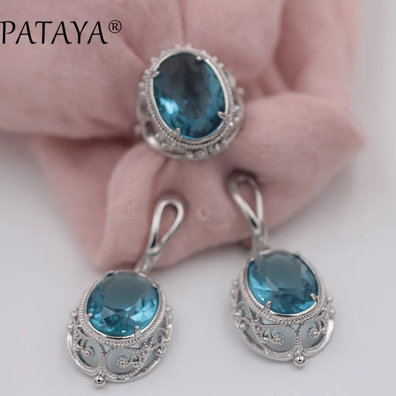 PATAYA Women Wedding True White Gold Color Jewelry Set Green Big Natural Zirconia Hollow Earrings Ring Sets Trendy India Jewelry