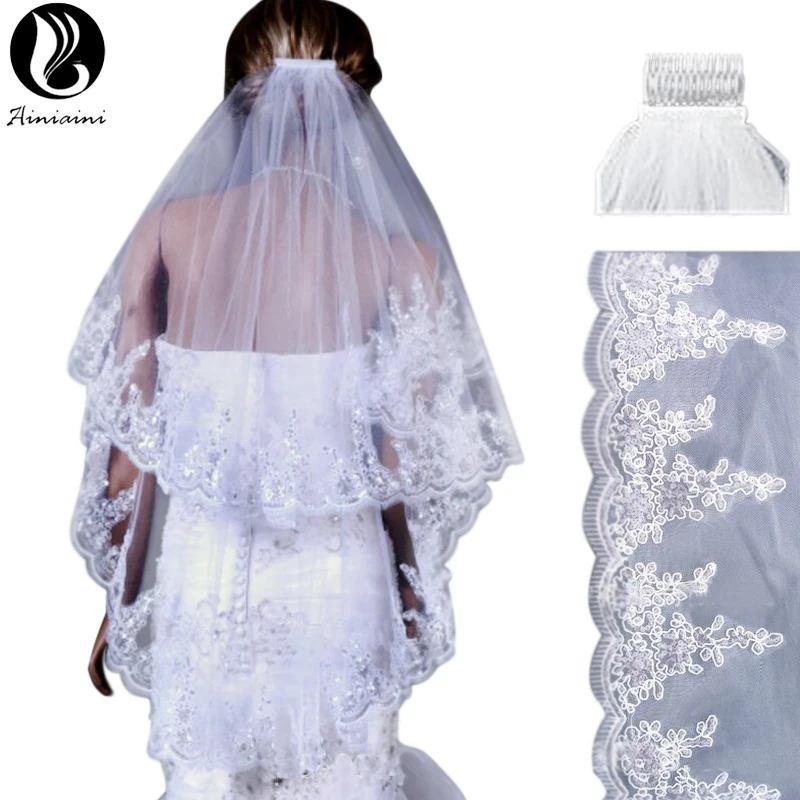 

Wedding Veil With Comb Net Yarn Sequined Lace Headdress Bridal Veils Wedding Veil Top Quality Veu De Noiva Longo Com Renda BV295