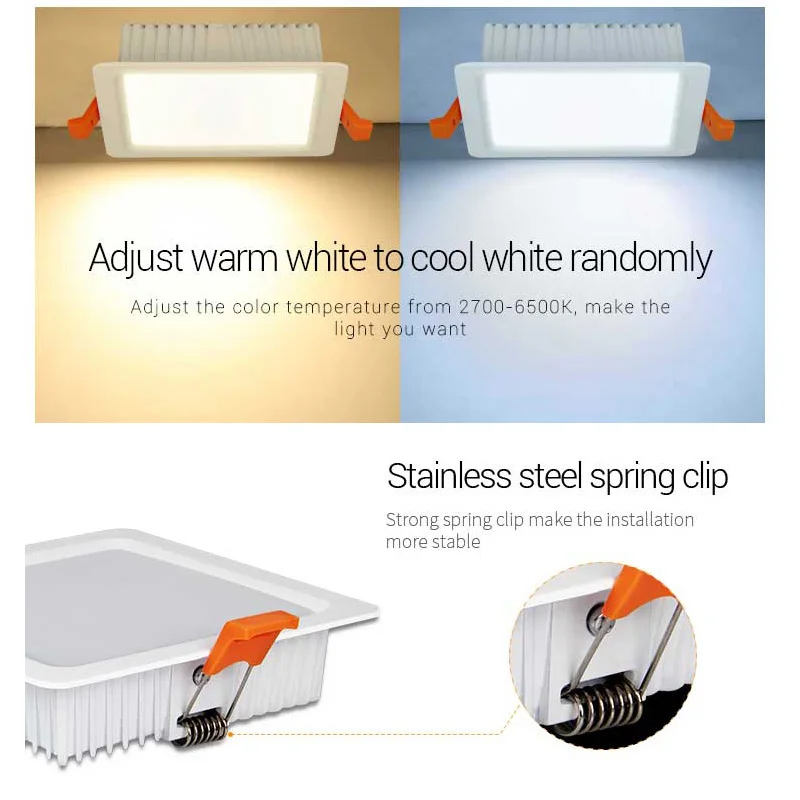 Miboxer FUT064 9W RGB+CCT Square LED Downlight AC100~240V,FUT089 8-Zone RGB+CCT Remote Controller