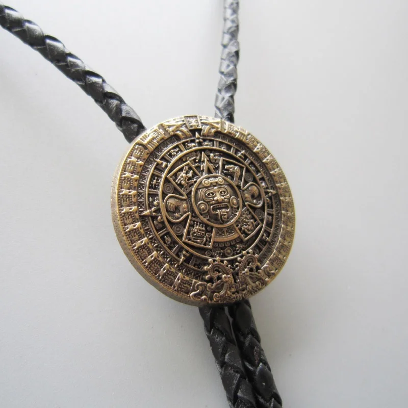 Antique Gold Plated Classic Aztec Calendar Sculpting Bolo Tie Neck Tie Necklace