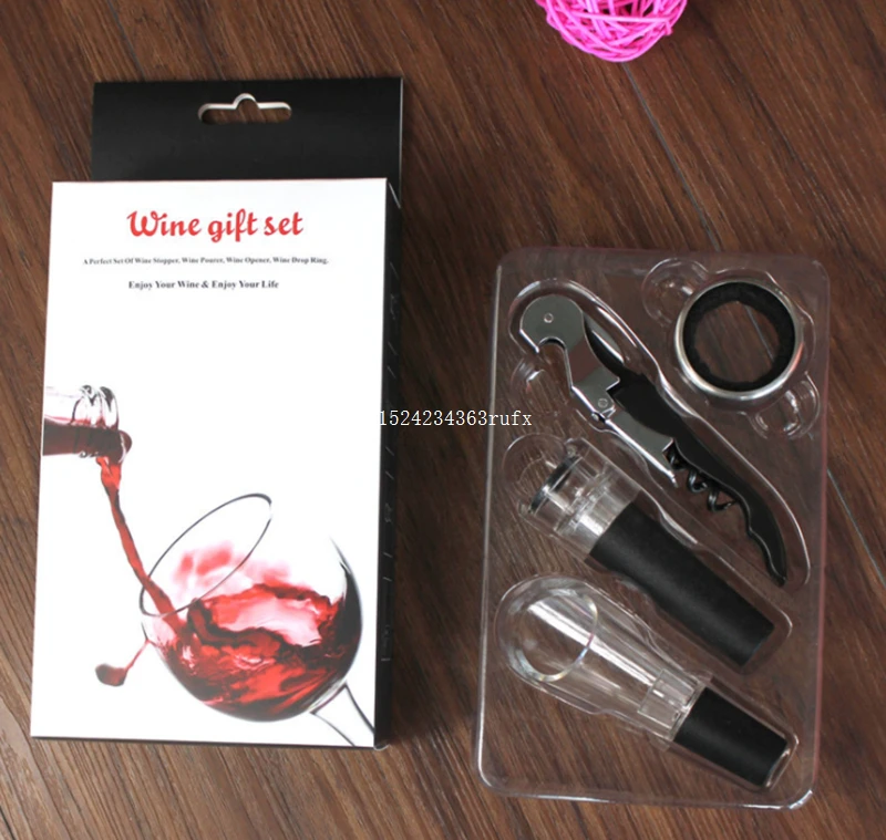 60Sets 4-in-1 Set Wine Accessory Tool Kit Wine Stopper Corkscrew Opener Ring Aerator Pourer Wine Gift Free Shipping