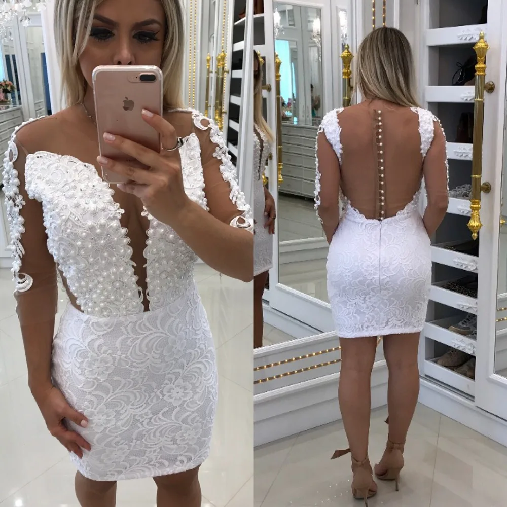 

White Elegant Cocktail Dresses Sheath 3/4 Sleeves Lace Pearls See Through Elegant Short Homecoming Dresses