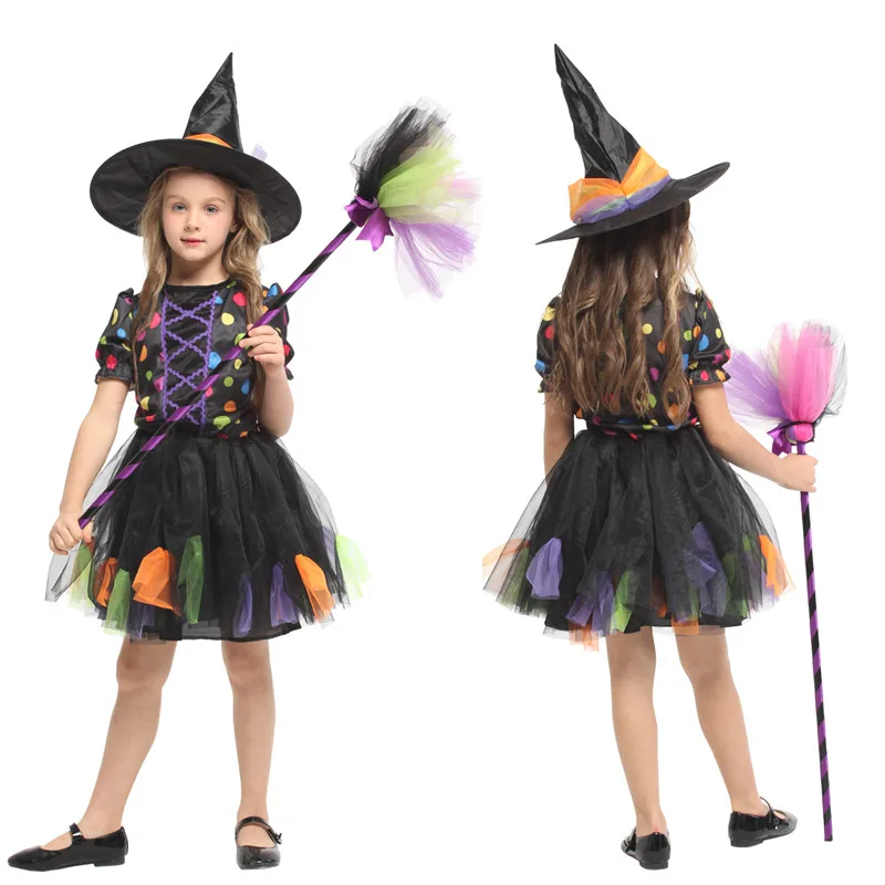 Ragazze Halloween Gothic Witch Costumes Kids Children Magician magstry cospays Purim Carnival Stage Play Masquerade Party Dress